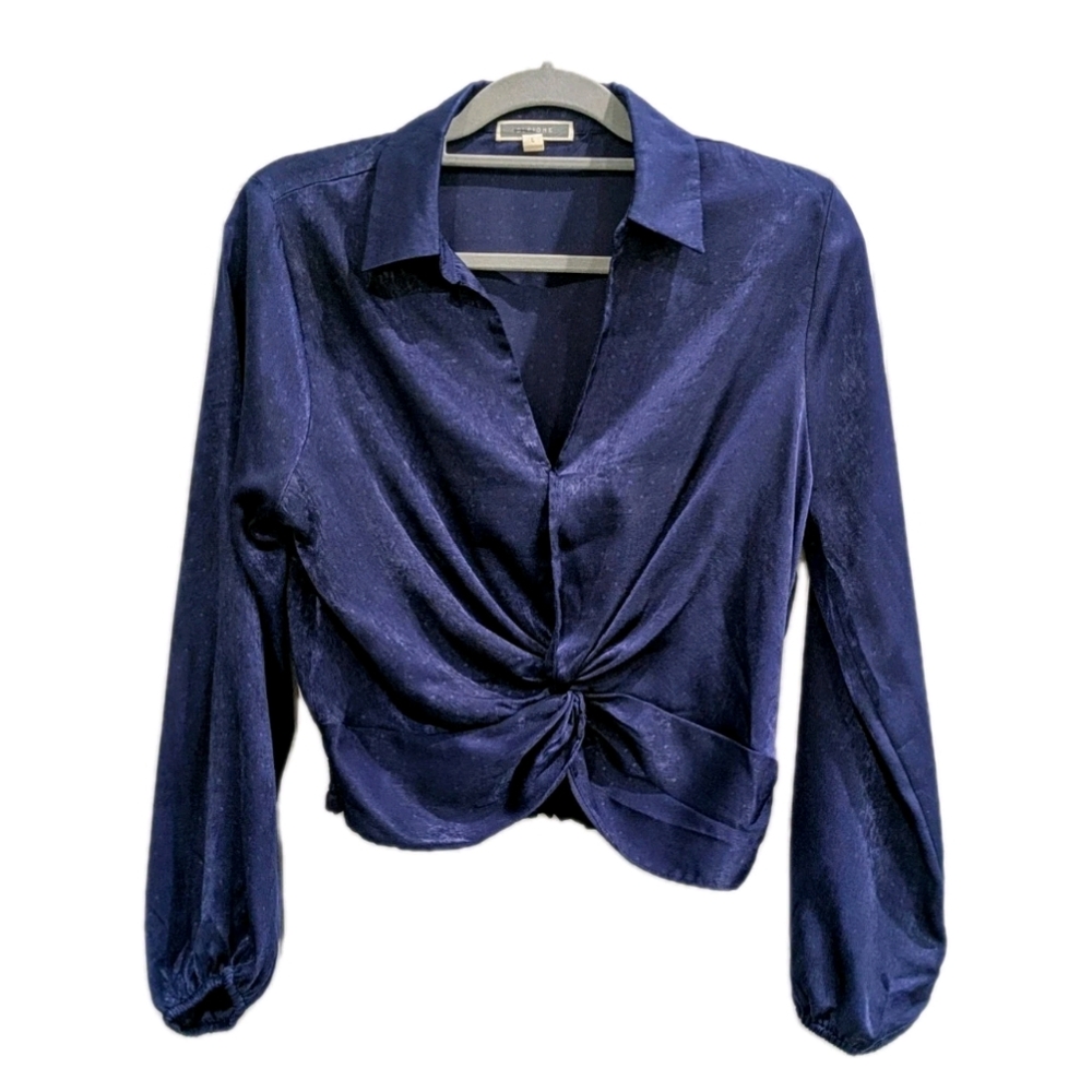 Pleione Cropped Blouse L Regal Romantic Knotted Blue‎ Smocked Blouson Sleeve Dot